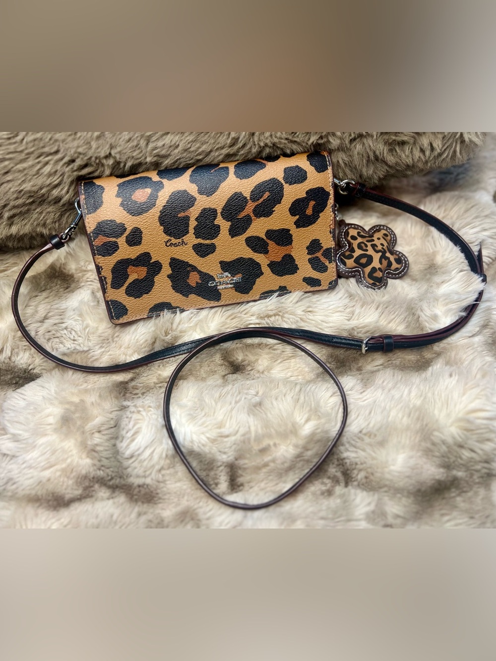 Coach Anna Foldover Crossbody Clutch with Leopard Print (Retail $228)